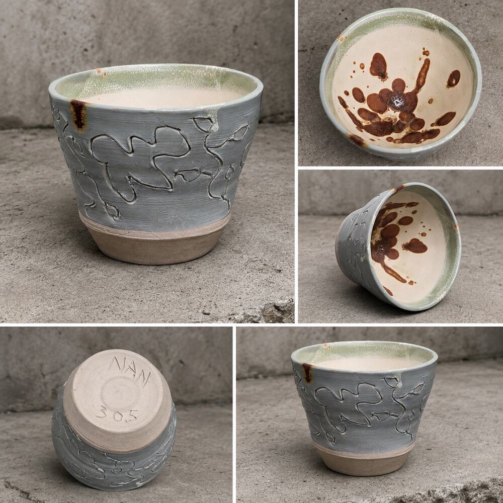 Signed NAN 305 Studio Pottery Bowl Gray Carved Abstract Brown Splatter